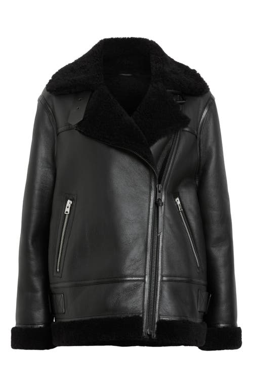 Shop Allsaints Sola Oversize Genuine Shearling Biker Jacket In Black