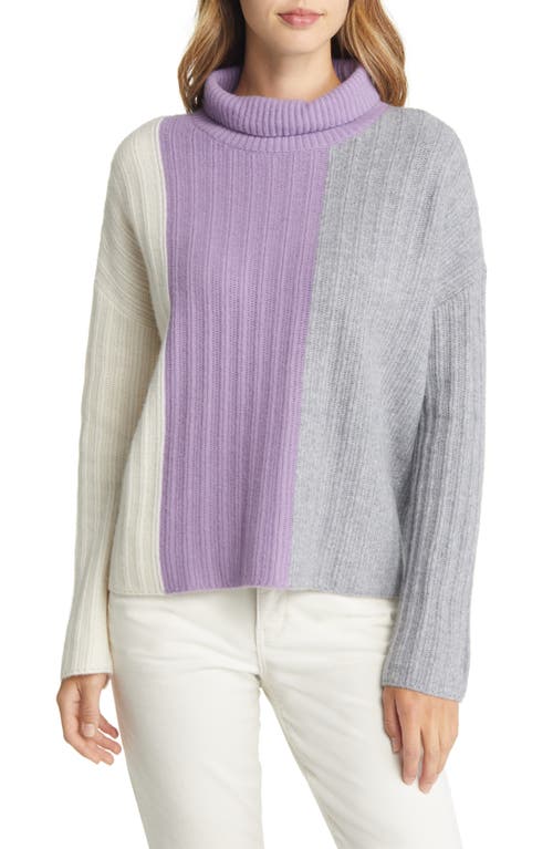 Nordstrom Colorblock Wool & Cashmere Turtleneck Sweater in Purple Wave- Grey Colorblock