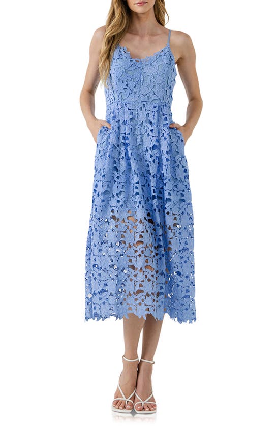 Shop Endless Rose Lace Spaghetti Strap Midi Dress In Powder Blue