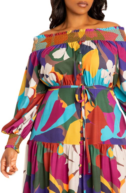 BUXOM COUTURE BUXOM COUTURE FLORAL OFF THE SHOULDER LONG SLEEVE MAXI DRESS 