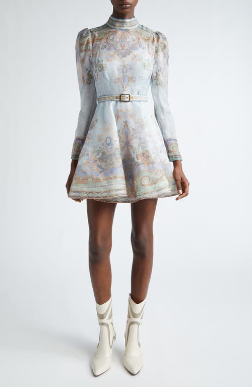 Shop Zimmermann Eden Belted Long Sleeve Linen & Silk Minidress In Blue Paisley