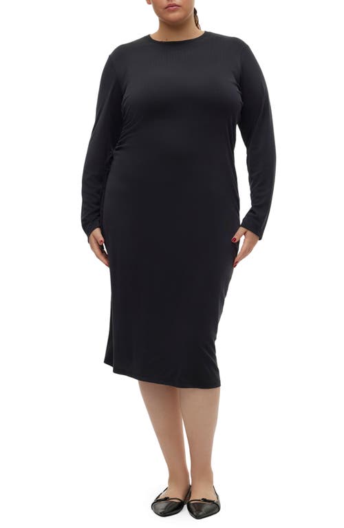 Phine Drawstring Ruched Long Sleeve Dress in Black