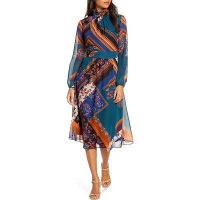 Julia Jordan Mock Neck Long Sleeve Fit & Flare Dress, Blue/green