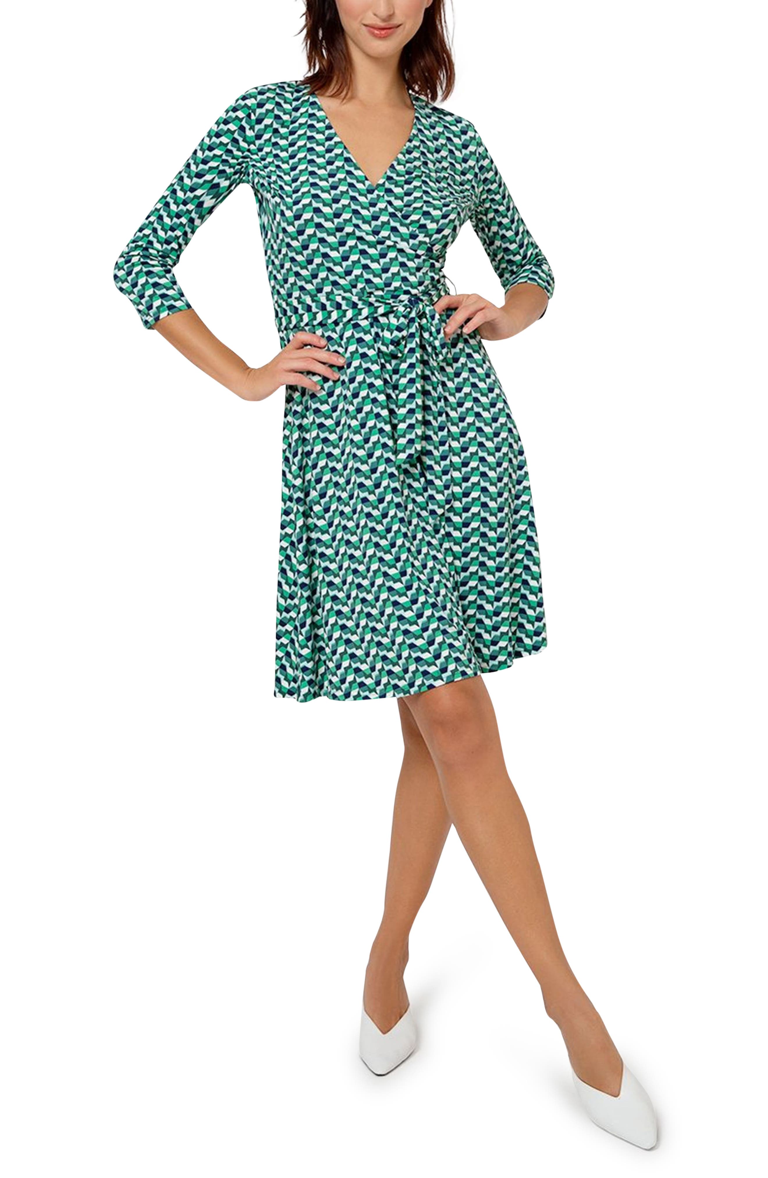 Leota Perfect Long Sleeve Faux Wrap Dress in Mgkg - Mod Geo Green