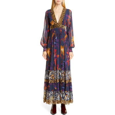 Fuzzi Leopard Patchwork Long Sleeve Maxi Dress, Purple