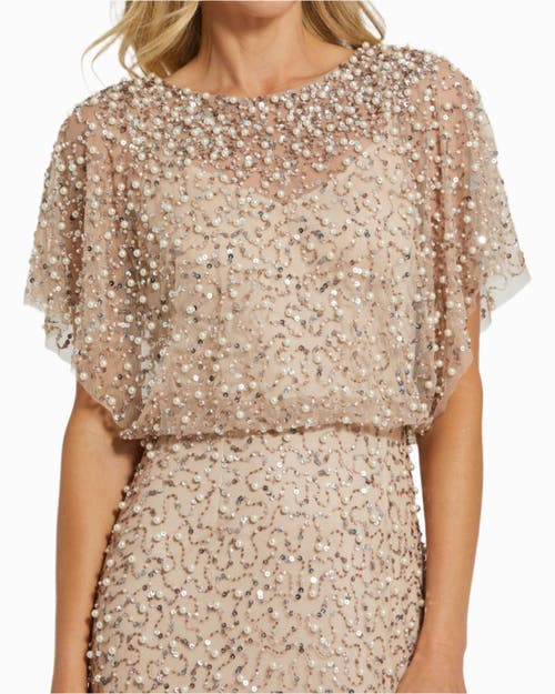 Mac Duggal Beaded Mesh Gown With Shawl In Nude Gold