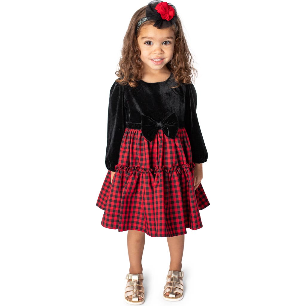 Popatu Kids' Check Long Sleeve Velvet Bodice Tiered Dress In Black/red