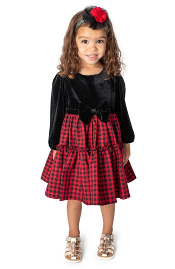 Shop Popatu Check Long Sleeve Velvet Tiered Dress In Black/red