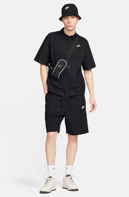 Shop Nike Club Venice Short Sleeve Drawstring Hem Cotton Button-up Shirt In Black/ White