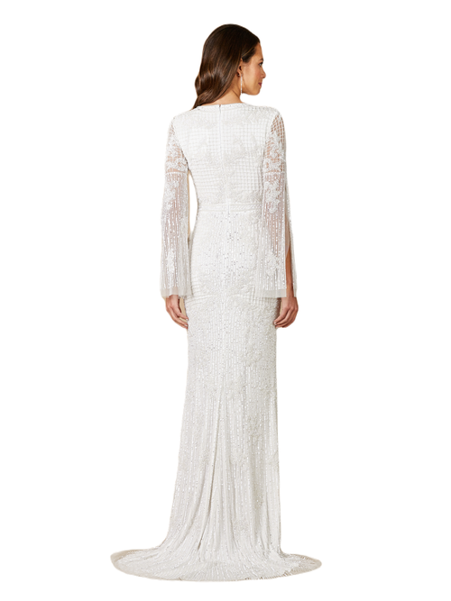 Lara New York Fallon Long Sleeve Beaded Wedding Gown In Ivory