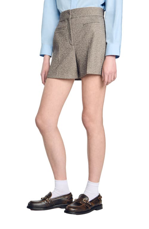 Shop Sandro Herringbone Shorts With Rhinestones In Beige