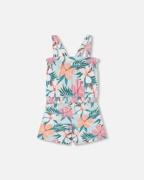 Deux Par Deux Little Girl's Crinkle Romper Blue Printed Beach Hibiscus in Blue Printed Beach Ibiscus at Nordstrom