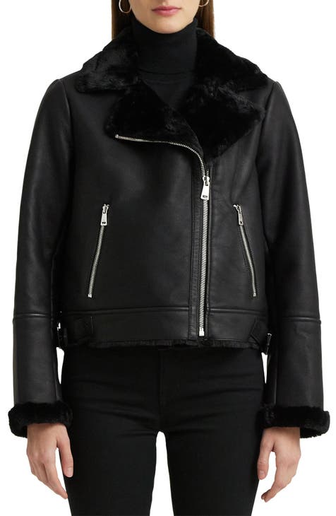 Lauren Ralph Lauren Women's Faux-Shearling Moto Jacket - Black - Size M
