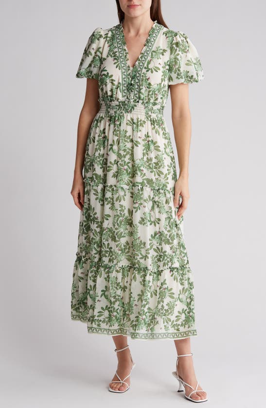 Max Studio Georgette Smocked Maxi Dress In Ivory/green Floral
