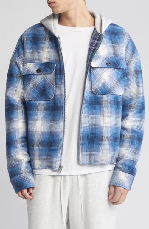 Oversize Plaid Flannel Hooded Zip Jacket in Blue Shadow Plaid