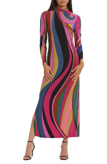 Donna Morgan For Maggy Mock Neck Long Sleeve Maxi Dress In Multi