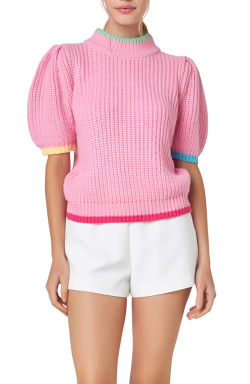 English Factory Tipped Trim Short Sleeve Shaker Stitch Sweater Multi at Nordstrom,