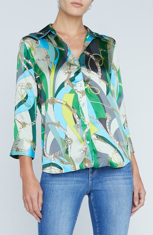 Dani Mixed Print Silk Button-Up Shirt in Sea Green Multi Belt Swirl