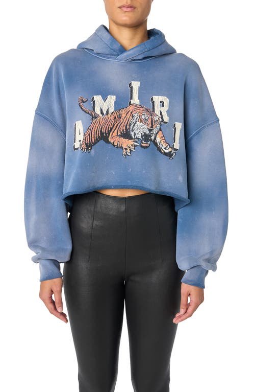 Weathered Tiger Crop Graphic Hoodie in Blue-Cotton Terry