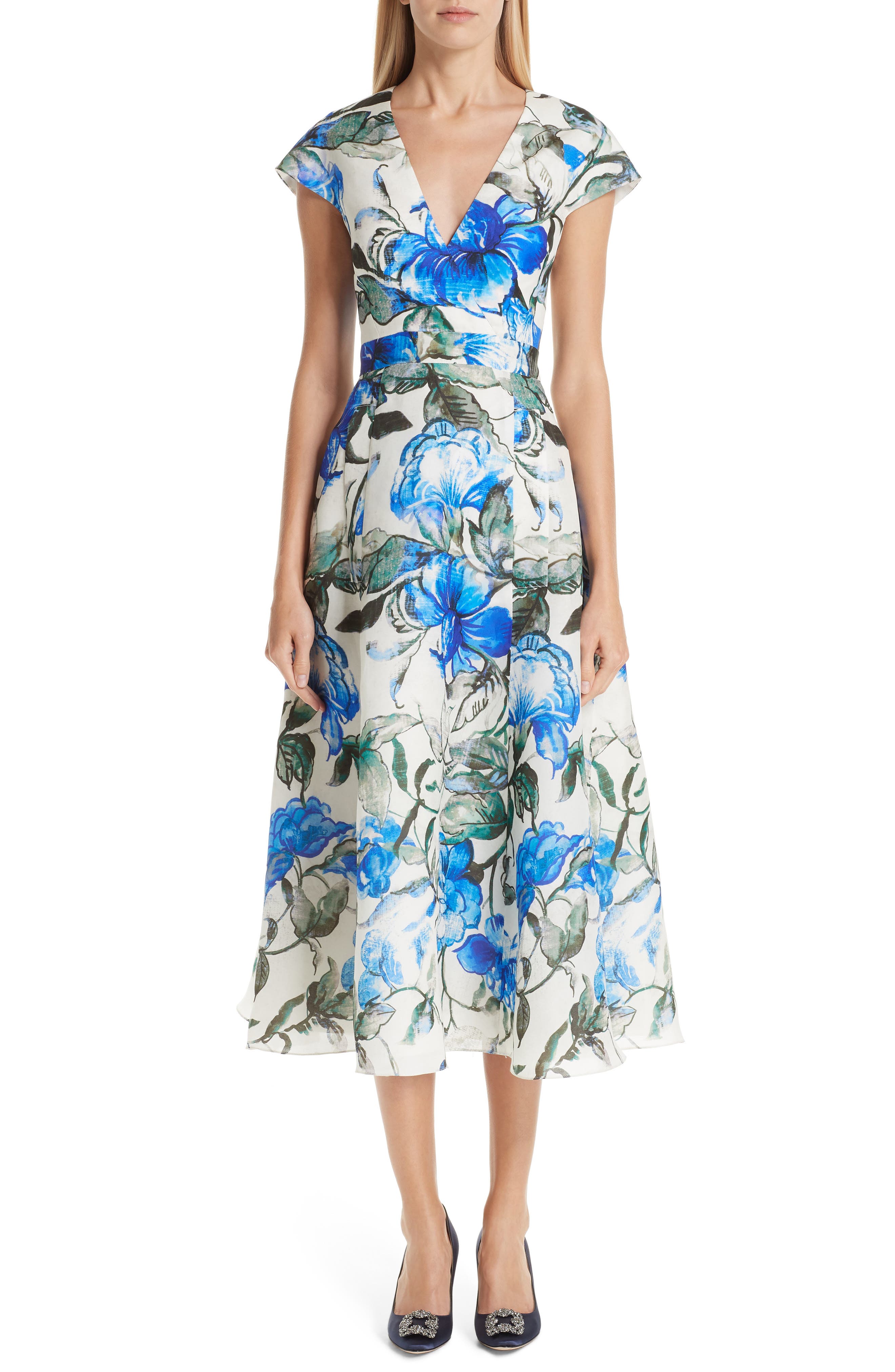 Carolina Herrera Floral Silk Midi Dress, Ivory