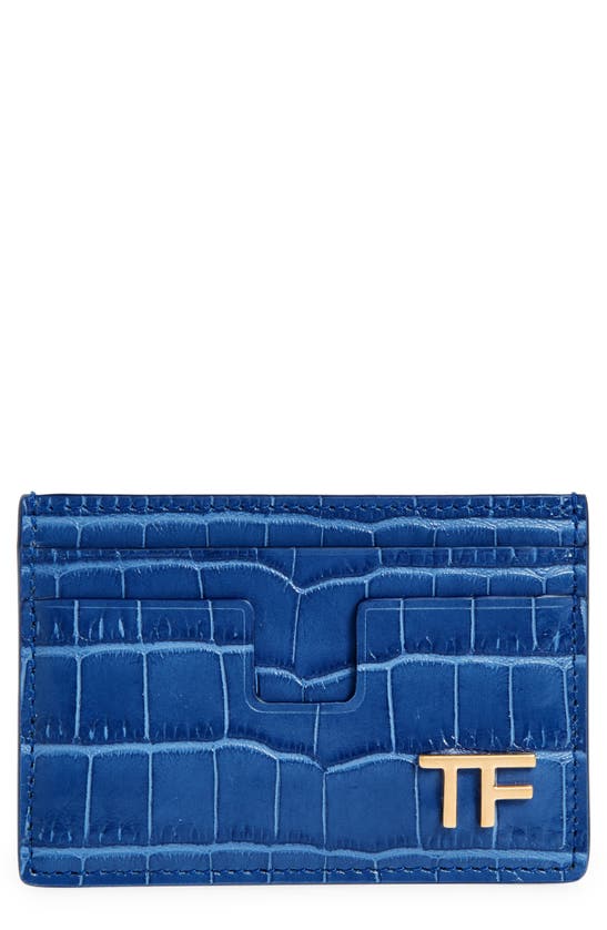Shop Tom Ford T-line Croc Embossed Leather Card Case In Cornflower