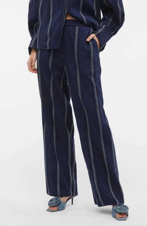 Embroidered Stripe Cotton Wide Leg Pants in Navy Blazer/Birch