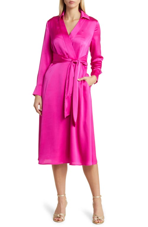 Tahari ASL Long Sleeve Hammered Satin Faux Wrap Midi Shirtdress at Nordstrom,