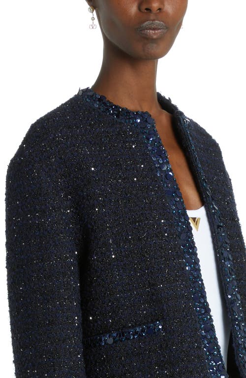 Shop Valentino Garavani Sequin Metallic Tweed Jacket In Navy Lurex/navy