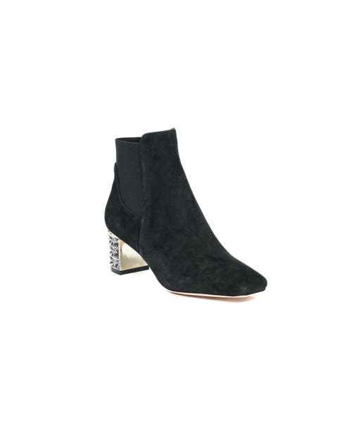 Allegra James Women's Paley Black Suede Work Evening Chunky Rhinestone Block Heel Ankle Boot In Black