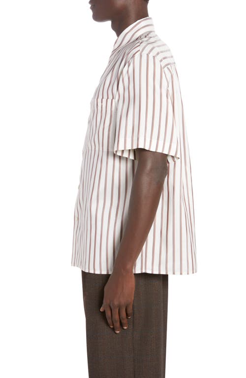 Shop Bottega Veneta Bicolor Stripe Short Sleeve Silk Button-up Shirt In 9032 White/brown/chestnut