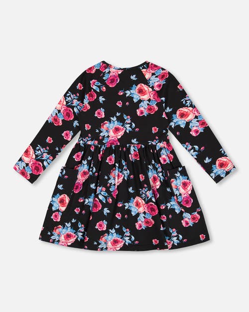 Shop Deux Par Deux Girl's Printed Roses Dress With Pockets Black