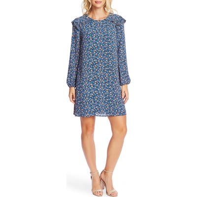 Cece Floral Cluster Long Sleeve A-Line Dress, Blue
