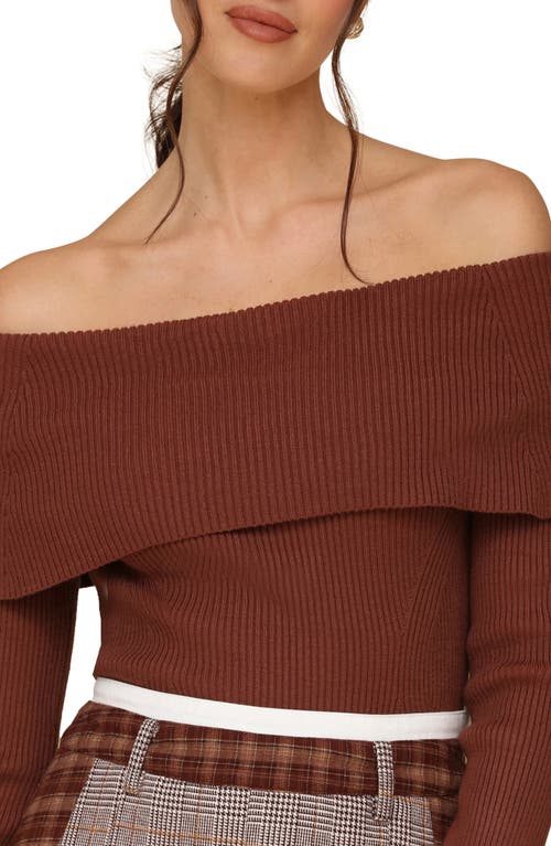 Shop Avec Les Filles Rib Foldover Off The Shoulder Sweater Bodysuit In Cinnamon