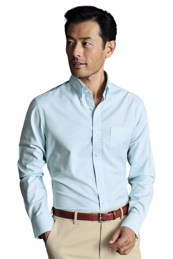 Shop Charles Tyrwhitt Slim Fit Button-down Collar Non-iron Stretch Check Oxford Shirt In Aqua Green