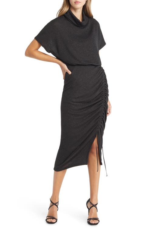Black Halo Iliana Ruched Skirt Cowl Neck Midi Dress in Midnight Dazzle