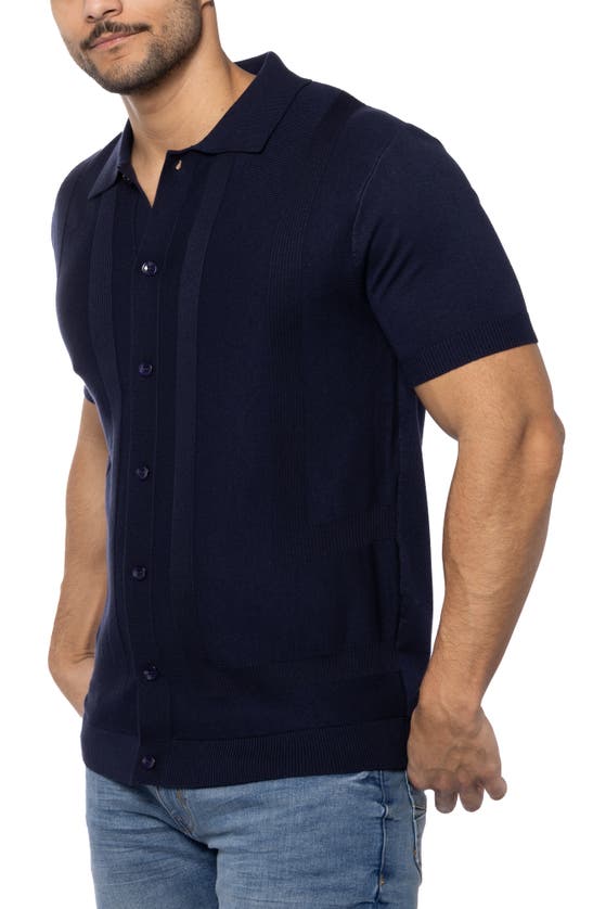 Spring + Mercer Textured Short Sleeve Button-up Sweater In Navy