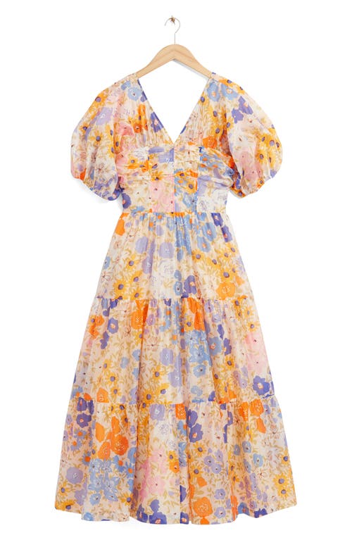 & Other Stories Floral Print Puff Sleeve Dress In Yellow/blue Multi Flower