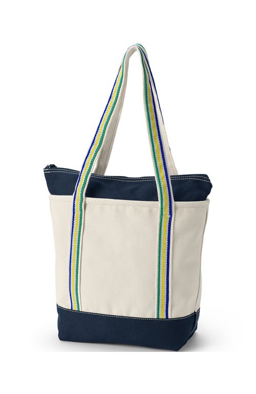 Shop Lands' End Zip Top Long Handle Canvas Tote Bag In Natural/radiant Navy Stripe