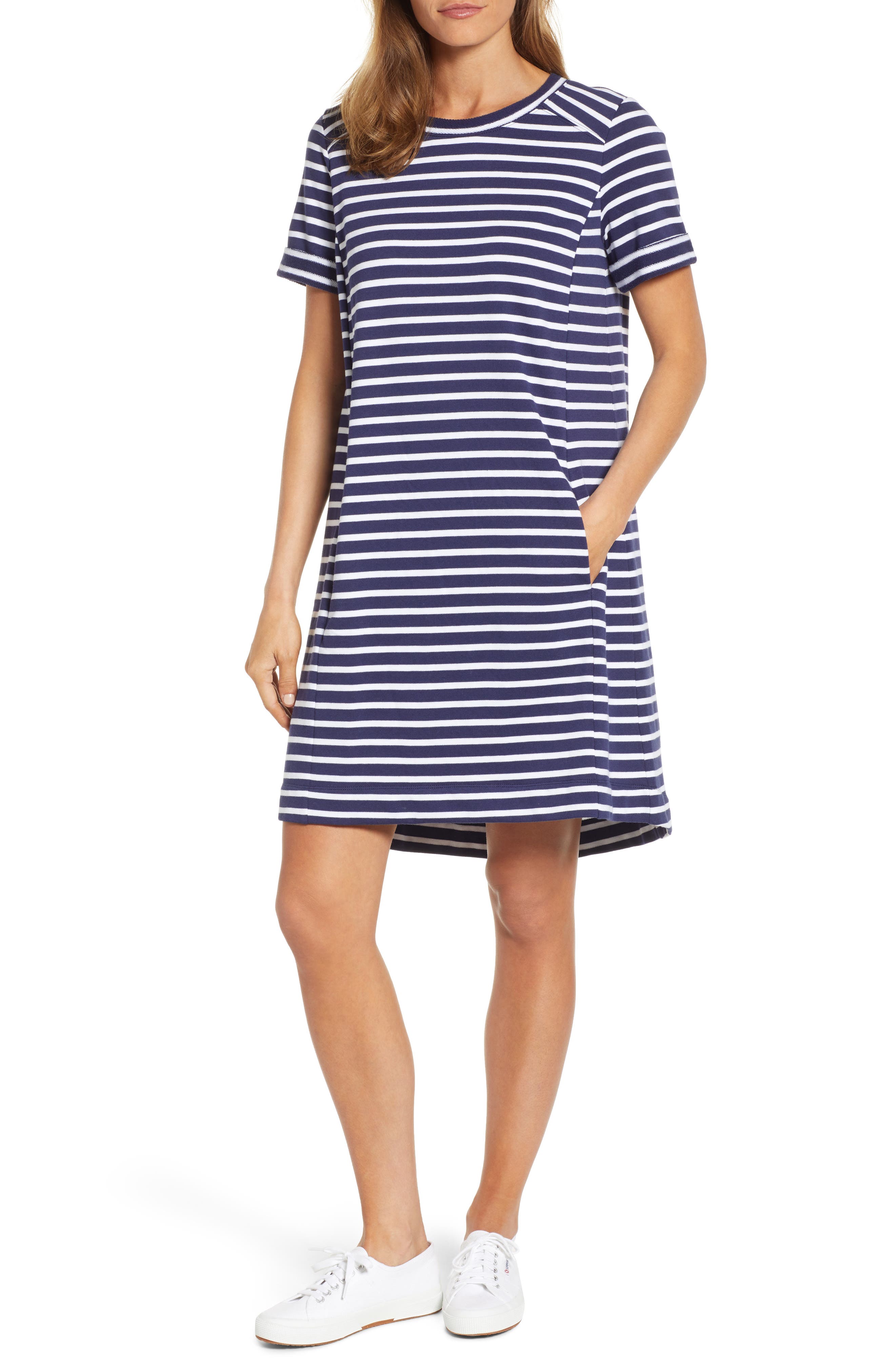 Petite Caslon Short Sleeve Cotton Blend Dress, Blue