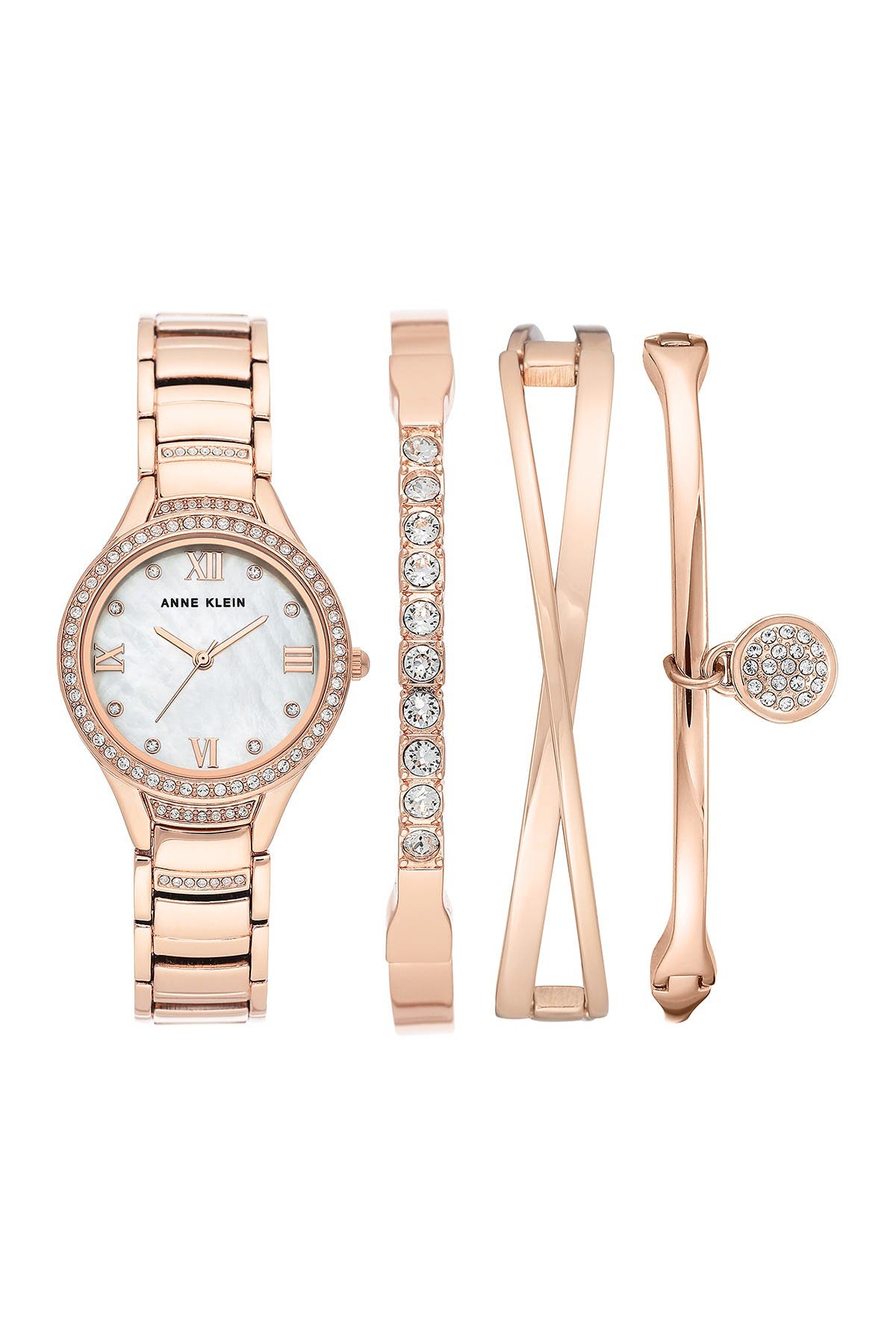 Anne Klein Women's Rose Gold-tone Mother-of-pearl Braelet Watch & Bracelet 4-piece Set