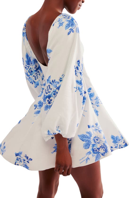 Shop Free People Francesca Floral Print Long Sleeve Minidress In White/ Tonal Blue Combo