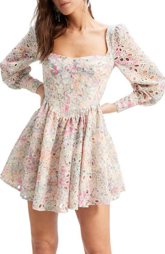 Shop Bardot Lila Floral Eyelet Corset Long Sleeve Minidress In Pastel Floral