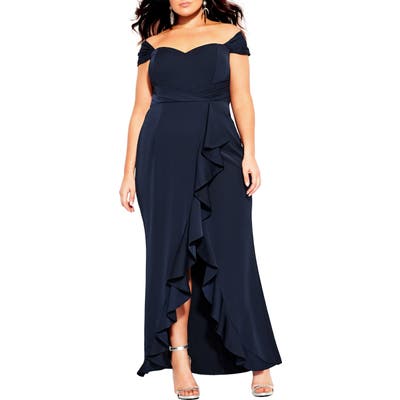 Plus Size City Chic Hypnotize Off The Shoulder Tulip Hem Dress, Blue