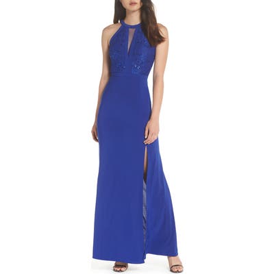 Morgan & Co. Lace & Jersey Gown, /6 - Blue