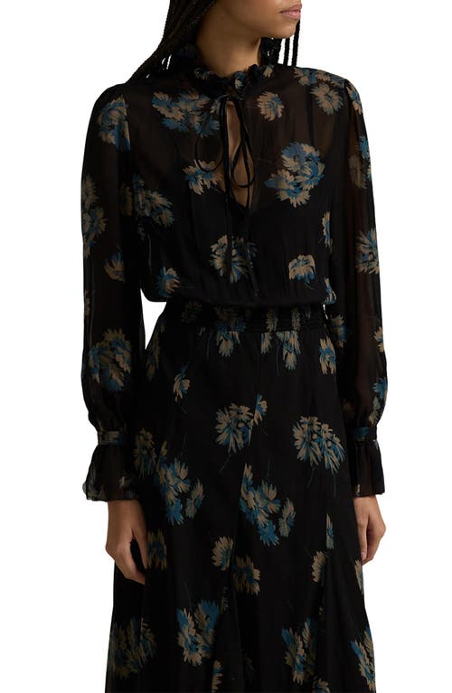 Shop Polo Ralph Lauren Floral Long Sleeve Tie Neck Midi Dress In Midnight Gardenia