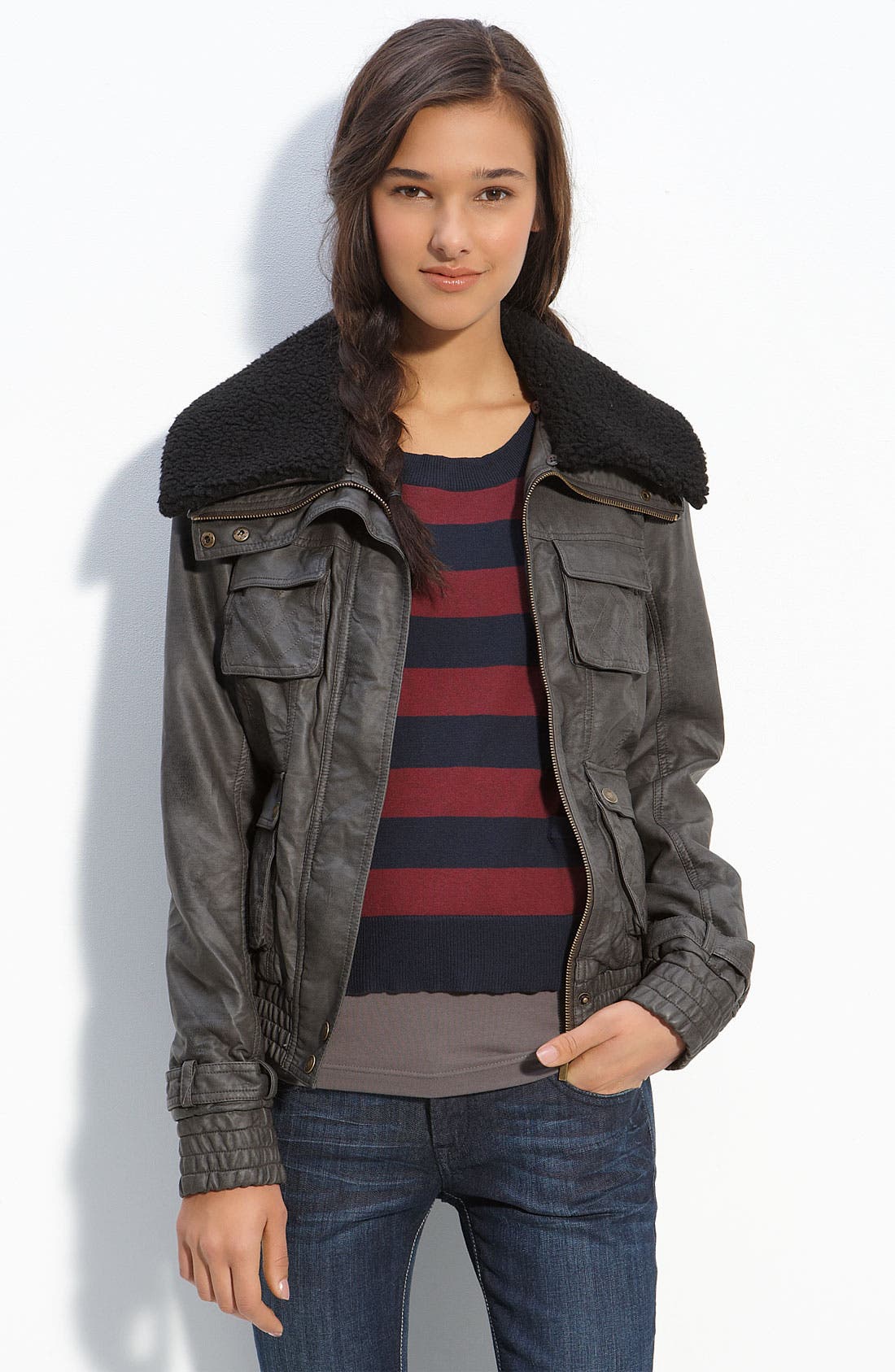 Collection B Faux Shearling Trim Bomber Jacket (Juniors) Nordstrom