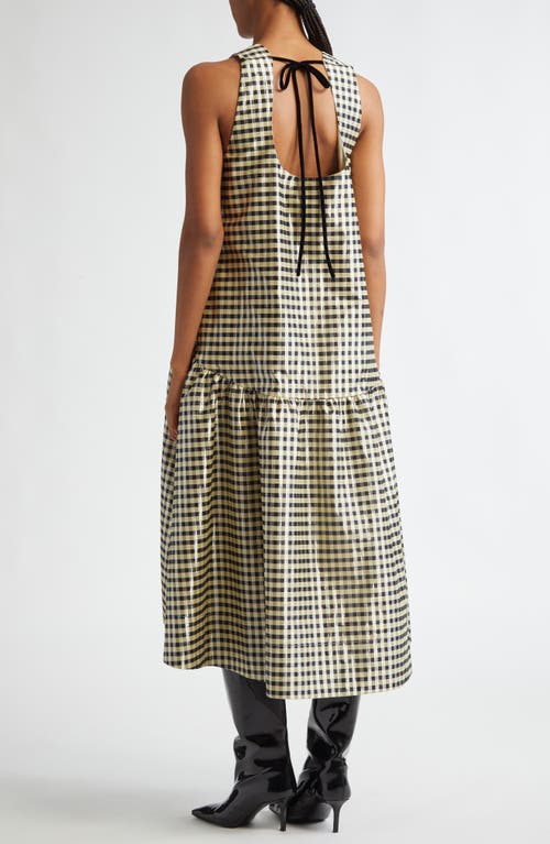 Shop Ganni Shiny Check Print Midi Dress In Lemon Icing