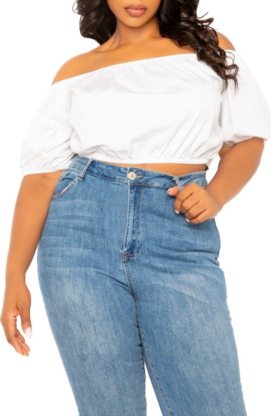 Shop Buxom Couture Off The Shoulder Bow Back Crop Top In White