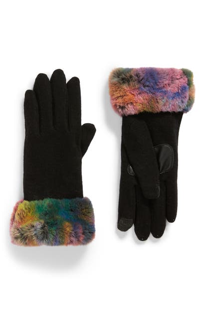 Click to view more detailed imagery on our partner's website Echo Wool & Cashmere Blend Gloves With Faux Fur Cuff In Black Multi