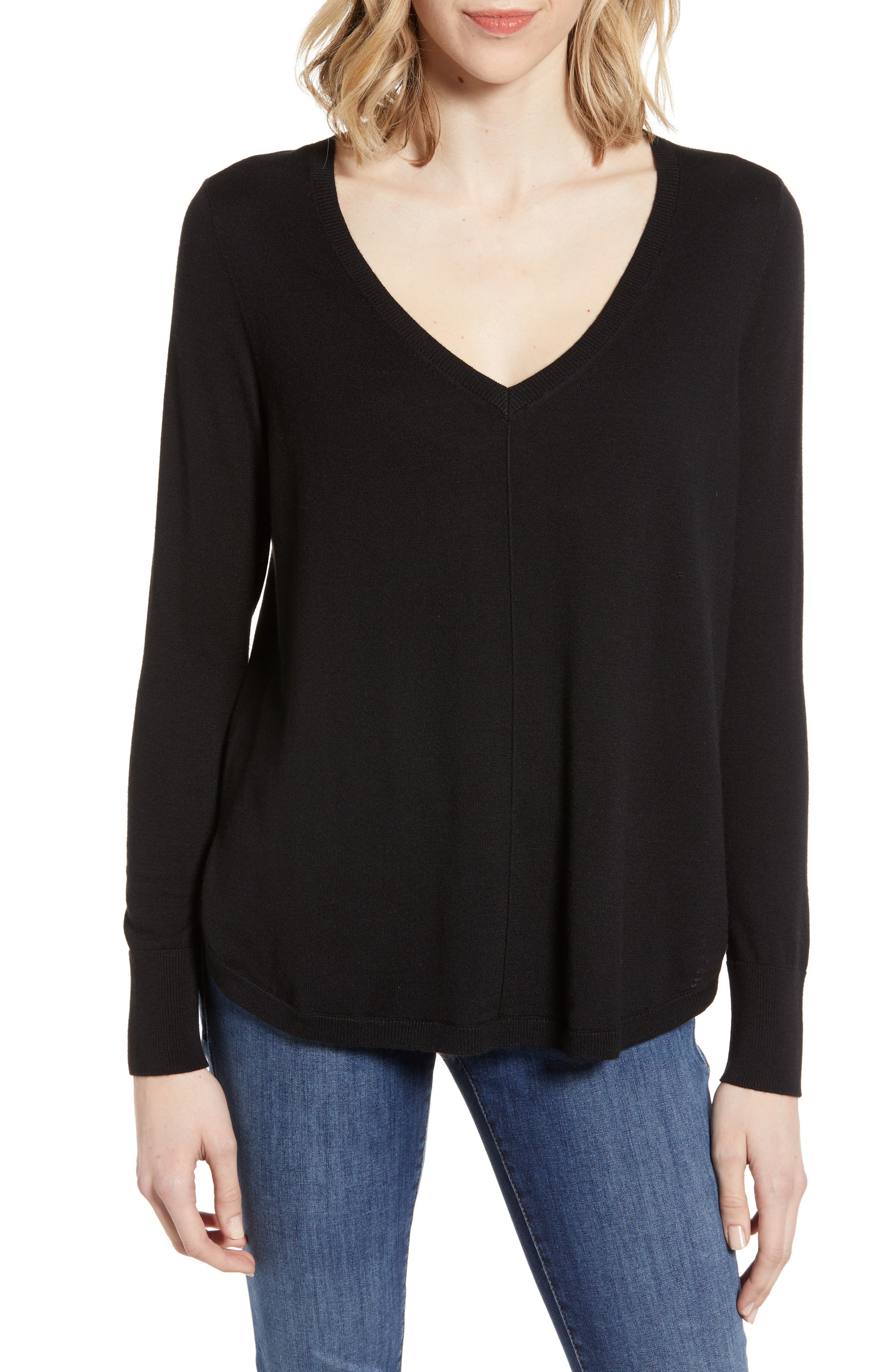 Caslon High-Low V-Neck Sweater, Black